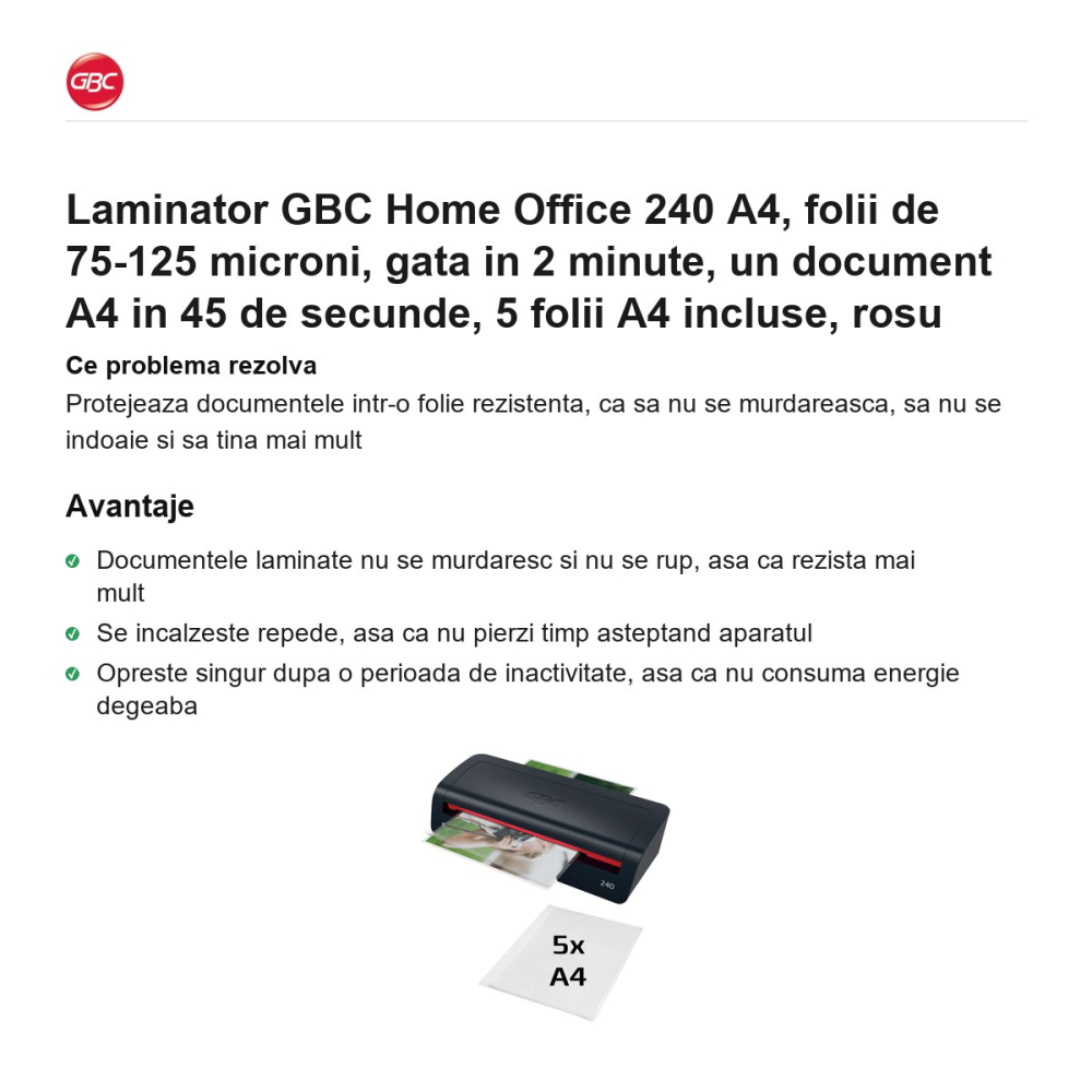Laminator GBC Home Office 240 A4, folii de 75-125 microni, gata in 2 minute, un document A4 in 45 de secunde, 5 folii A4 incluse, rosu [2]