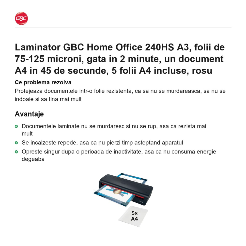 Laminator GBC Home Office 240HS A3, folii de 75-125 microni, gata in 2 minute, un document A4 in 45 de secunde, 5 folii A4 incluse, rosu [2]