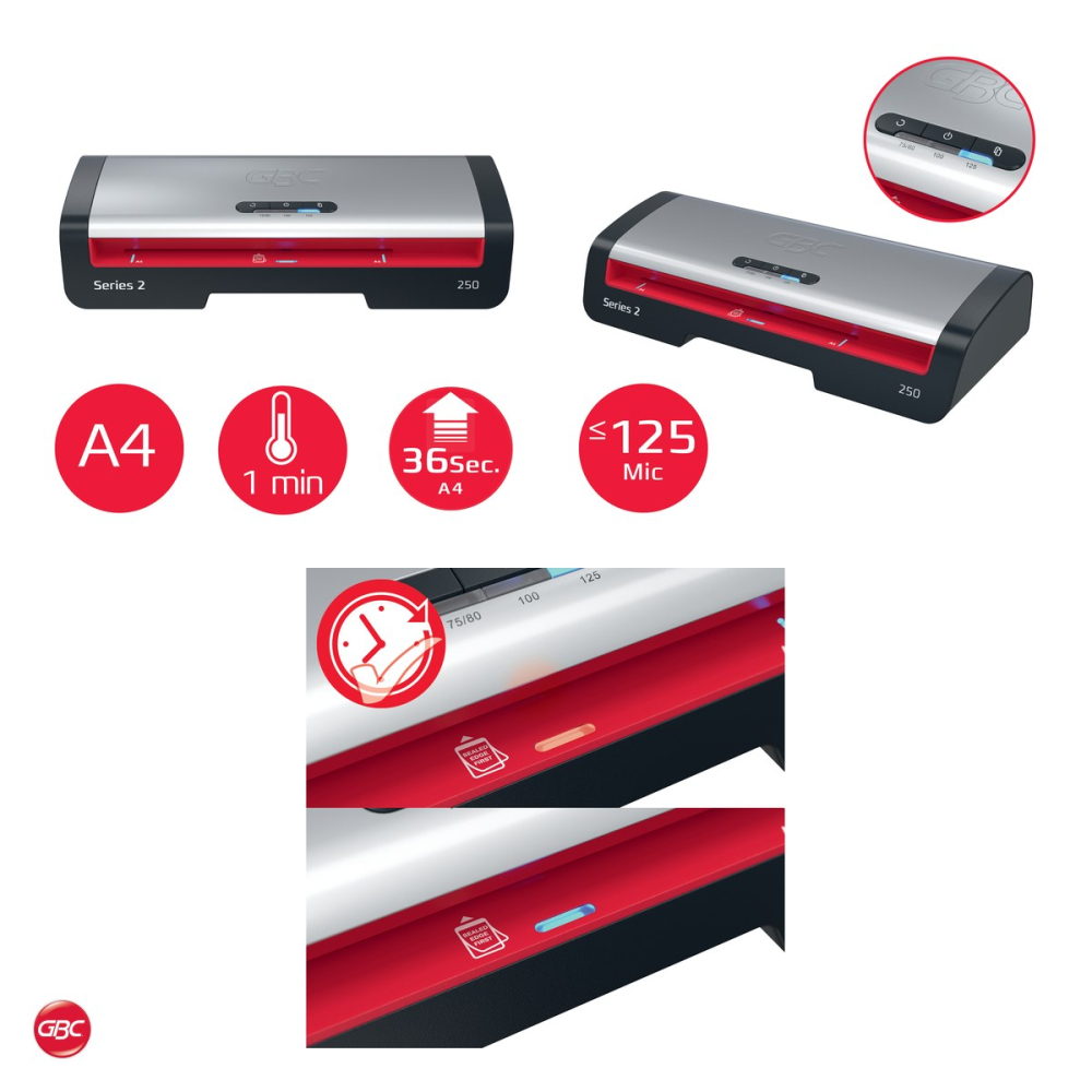 Laminator GBC Home Office 250 A4, folii de 75-125 microni, gata in 1 minut, un document A4 in 36 de secunde, buton anti-blocare, 5 folii A4 incluse, rosu [5]