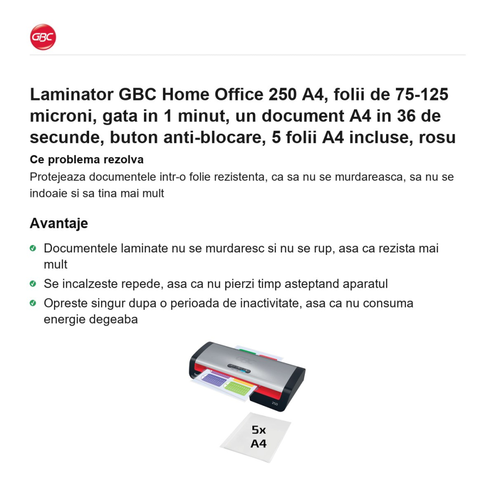 Laminator GBC Home Office 250 A4, folii de 75-125 microni, gata in 1 minut, un document A4 in 36 de secunde, buton anti-blocare, 5 folii A4 incluse, rosu [2]