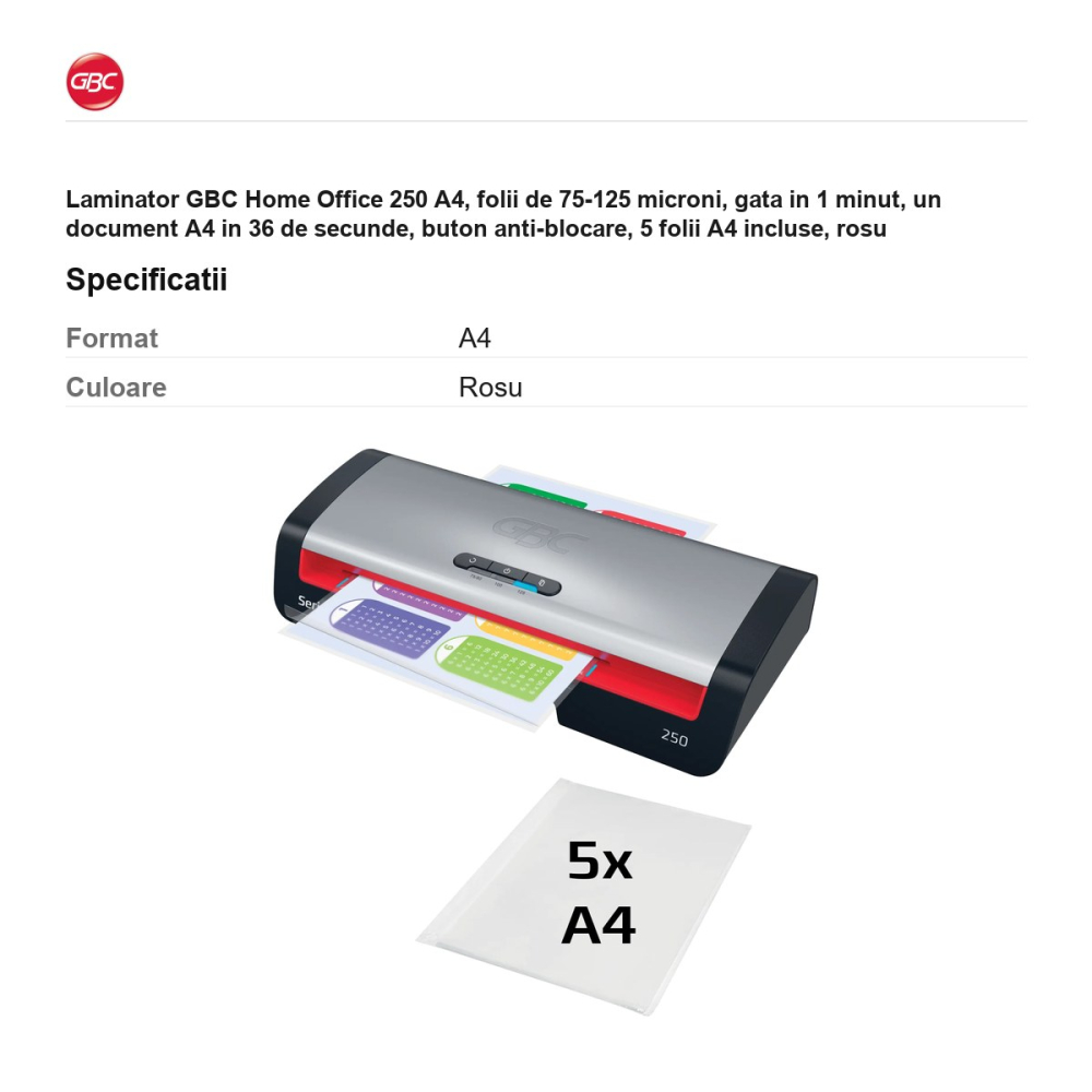 Laminator GBC Home Office 250 A4, folii de 75-125 microni, gata in 1 minut, un document A4 in 36 de secunde, buton anti-blocare, 5 folii A4 incluse, rosu [3]