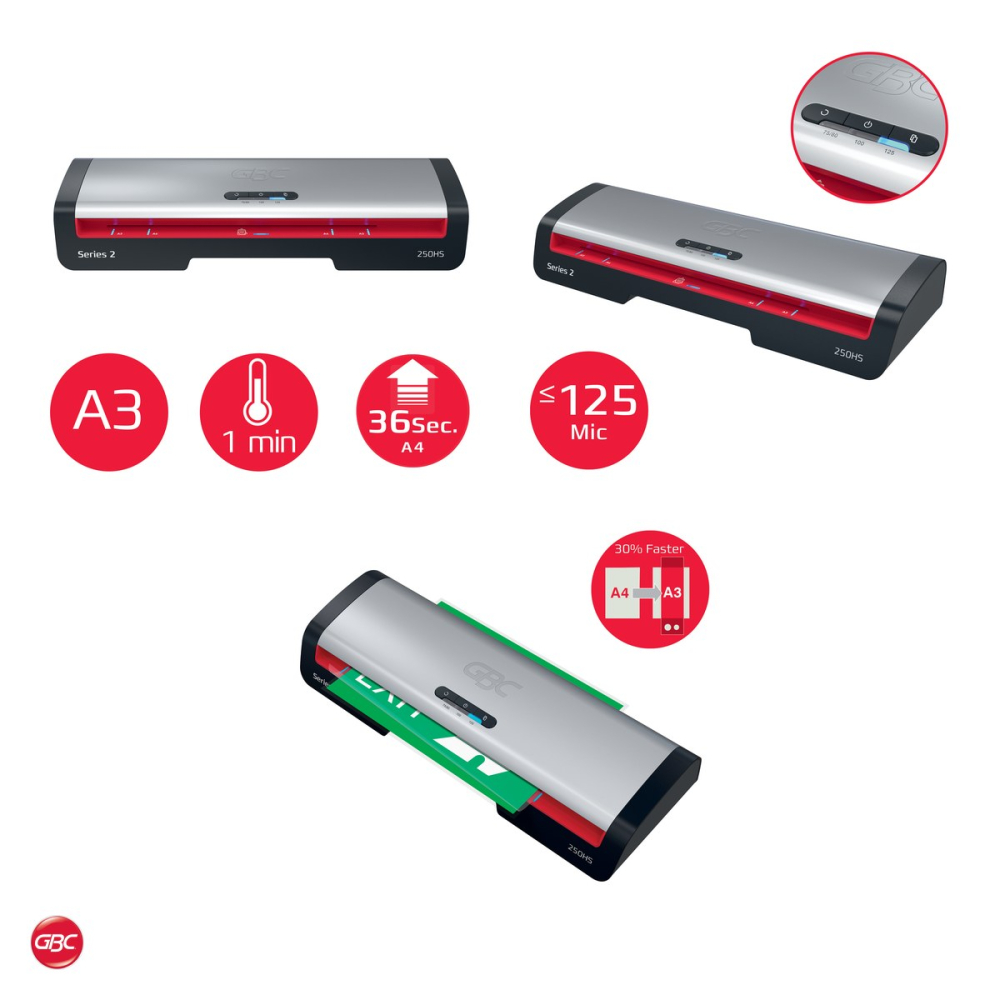 Laminator GBC Home Office 250HS A3, folii de 75-125 microni, gata in 1 minut, un document A4 in 36 de secunde, buton anti-blocare, 5 folii A4 incluse, rosu [5]