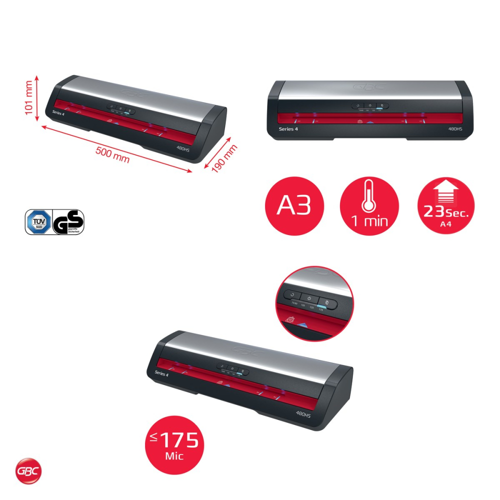 Laminator GBC Office Pro 480HS A3, folii de 75-125 microni, gata in 1 minut, un document A4 in 23 de secunde, inversare automata, 5 folii A4 incluse, rosu [5]
