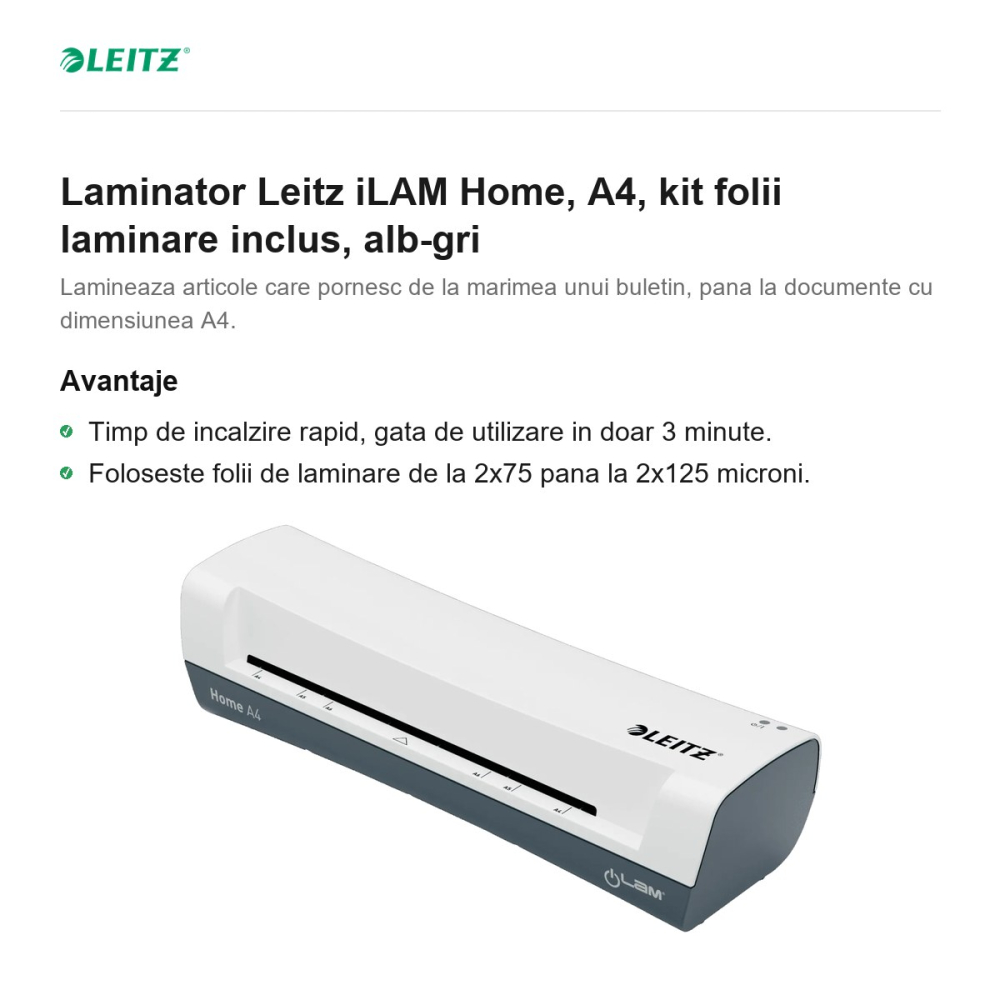 Laminator Leitz iLAM Home, A4, kit folii laminare inclus, alb-gri [2]