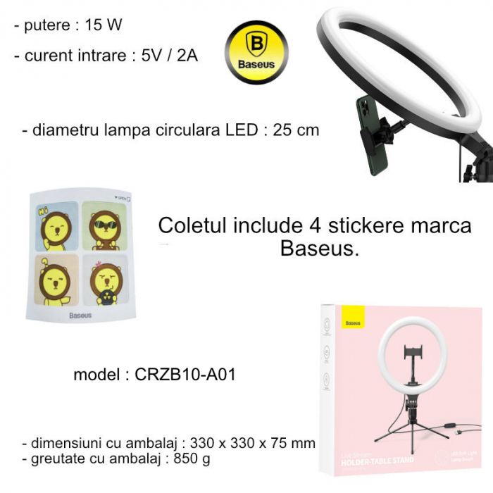 Lampa Led Circulara 12 inch, Baseus CRZB10-A01 cu Suport Smartphone si Stand Birou [11]