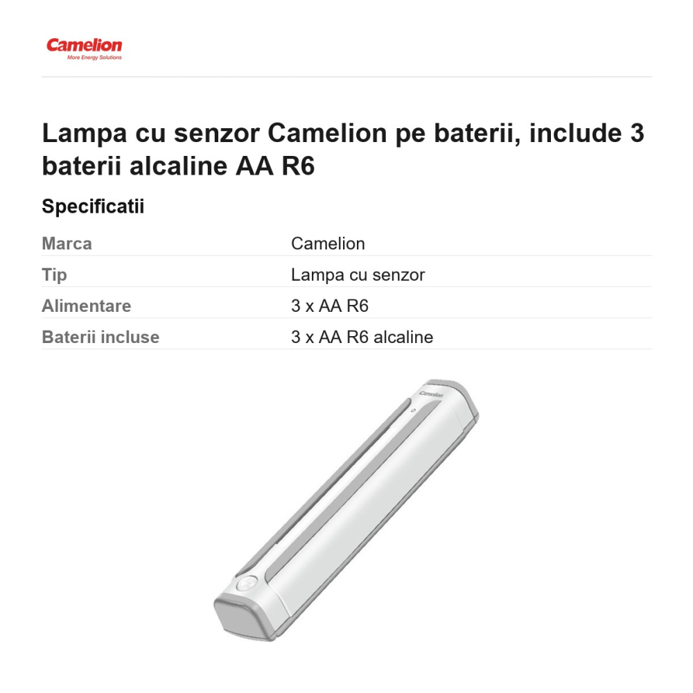 Lampa cu senzor Camelion pe baterii, include 3 baterii alcaline AA R6 [3]