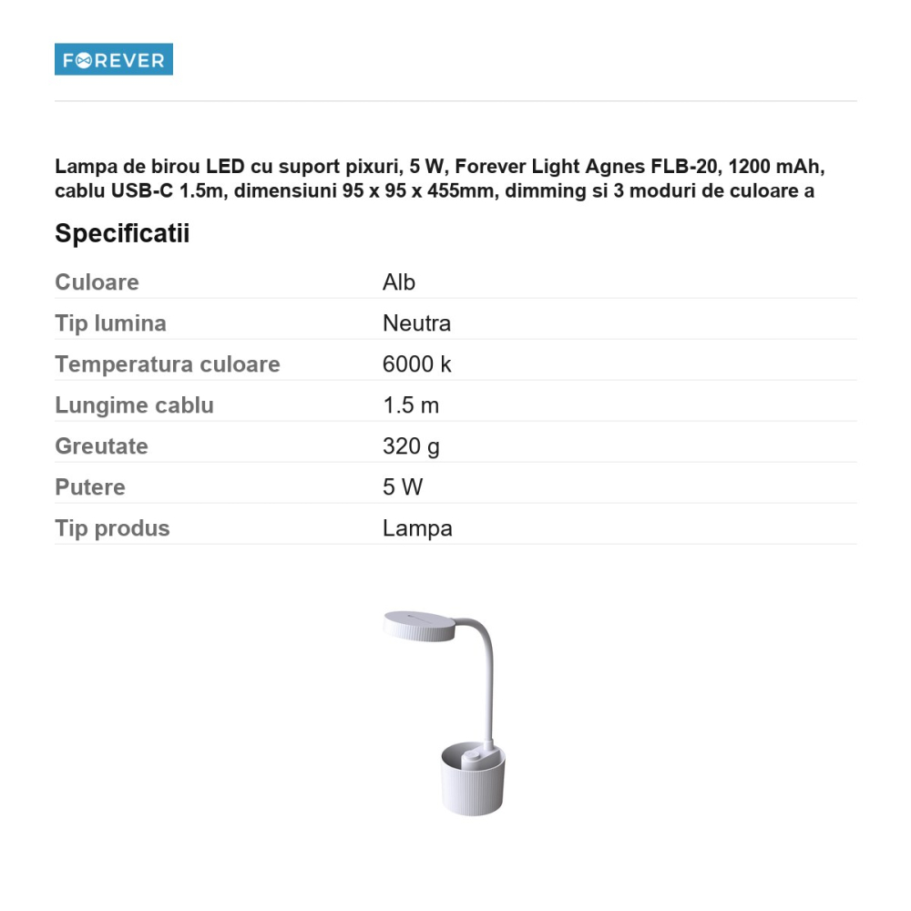 Lampa de birou LED cu suport pixuri, 5 W, Forever Light Agnes FLB-20, 1200 mAh, cablu USB-C 1.5m, dimensiuni 95 x 95 x 455mm, dimming si 3 moduri de culoare a luminii, alba [3]