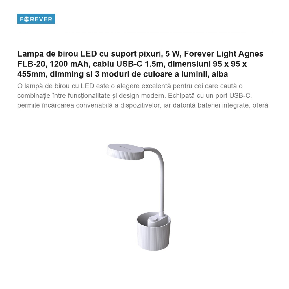 Lampa de birou LED cu suport pixuri, 5 W, Forever Light Agnes FLB-20, 1200 mAh, cablu USB-C 1.5m, dimensiuni 95 x 95 x 455mm, dimming si 3 moduri de culoare a luminii, alba [2]