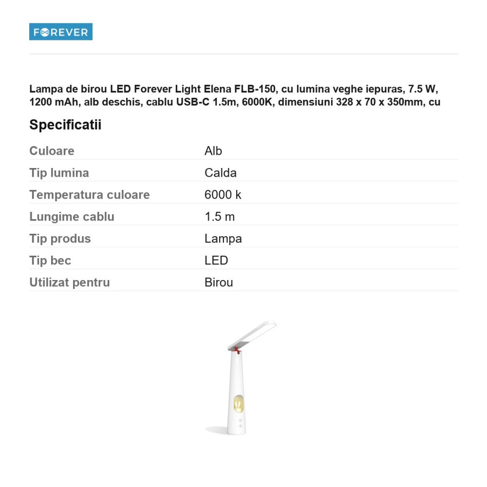 Lampa de birou LED Forever Light Elena FLB-150, cu lumina veghe iepuras, 7.5 W, 1200 mAh, alb deschis, cablu USB-C 1.5m, 6000K, dimensiuni 328 x 70 x 350mm, cu dimmer [3]