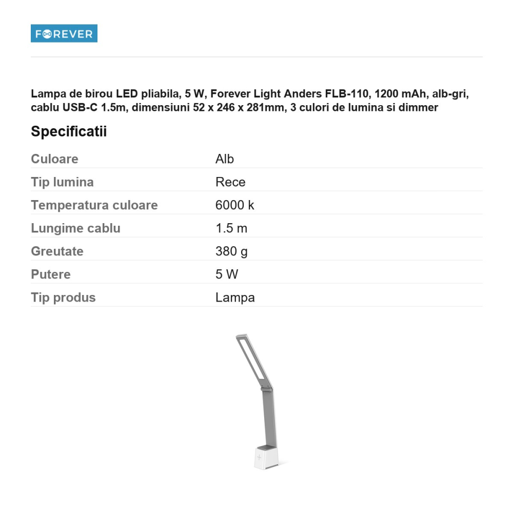 Lampa de birou LED pliabila, 5 W, Forever Light Anders FLB-110, 1200 mAh,  alb-gri, cablu USB-C 1.5m, dimensiuni 52 x 246 x 281mm, 3 culori de lumina si dimmer [3]