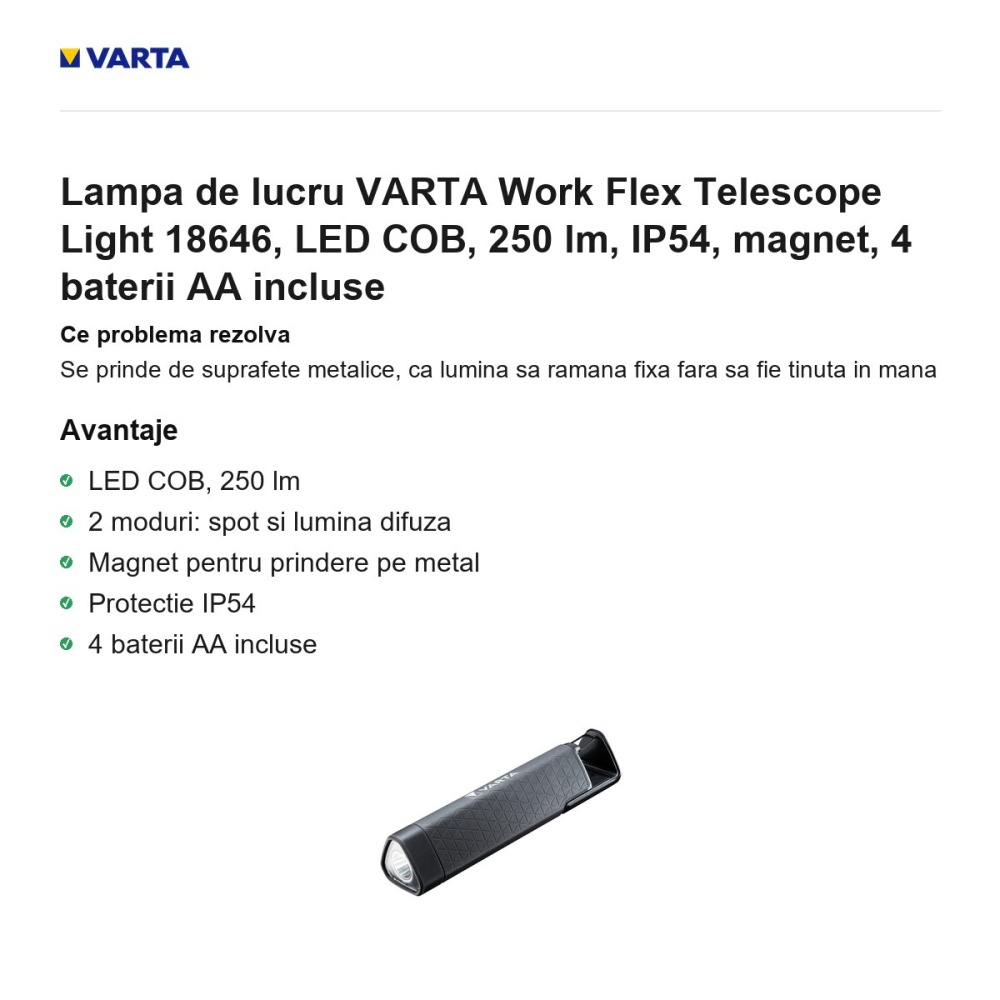 Lampa de lucru VARTA Work Flex Telescope Light 18646, LED COB, 250 lm, IP54, magnet, 4 baterii AA incluse [2]