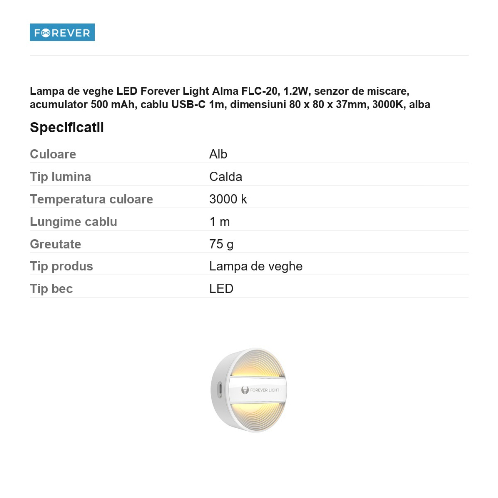Lampa de veghe LED Forever Light Alma FLC-20, 1.2W, senzor de miscare, acumulator 500 mAh, cablu USB-C 1m, dimensiuni 80 x 80 x 37mm, 3000K, alba [3]
