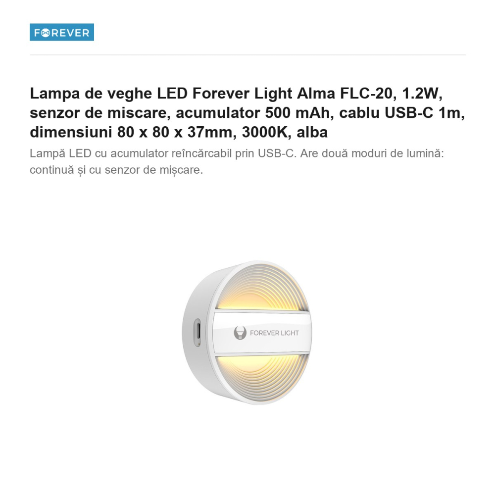 Lampa de veghe LED Forever Light Alma FLC-20, 1.2W, senzor de miscare, acumulator 500 mAh, cablu USB-C 1m, dimensiuni 80 x 80 x 37mm, 3000K, alba [2]