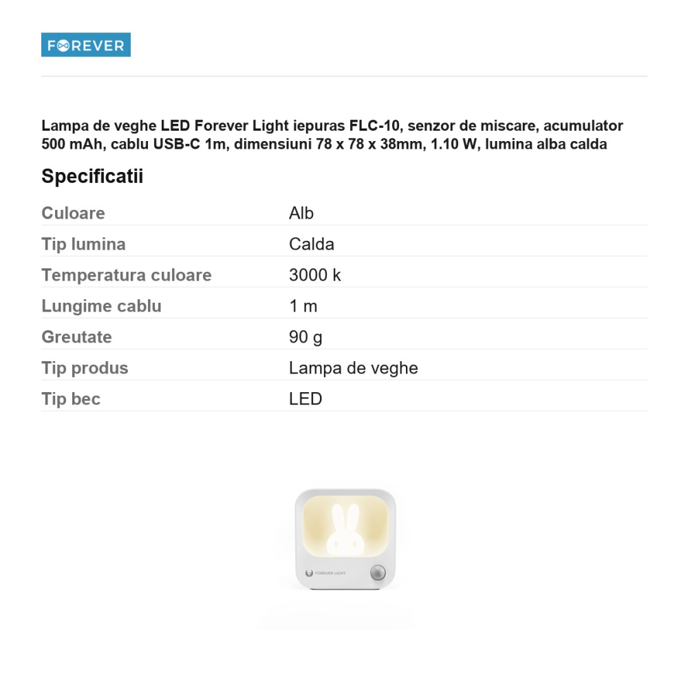 Lampa de veghe LED Forever Light iepuras FLC-10, senzor de miscare, acumulator 500 mAh, cablu USB-C 1m, dimensiuni 78 x 78 x 38mm, 1.10 W, lumina alba calda [3]
