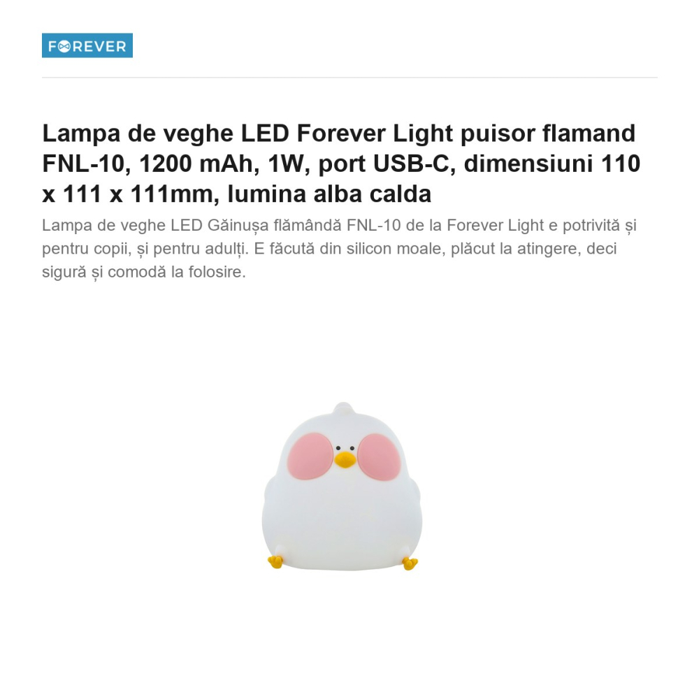 Lampa de veghe LED Forever Light puisor flamand FNL-10, 1200 mAh, 1W, port USB-C, dimensiuni 110 x 111 x 111mm, lumina alba calda [2]
