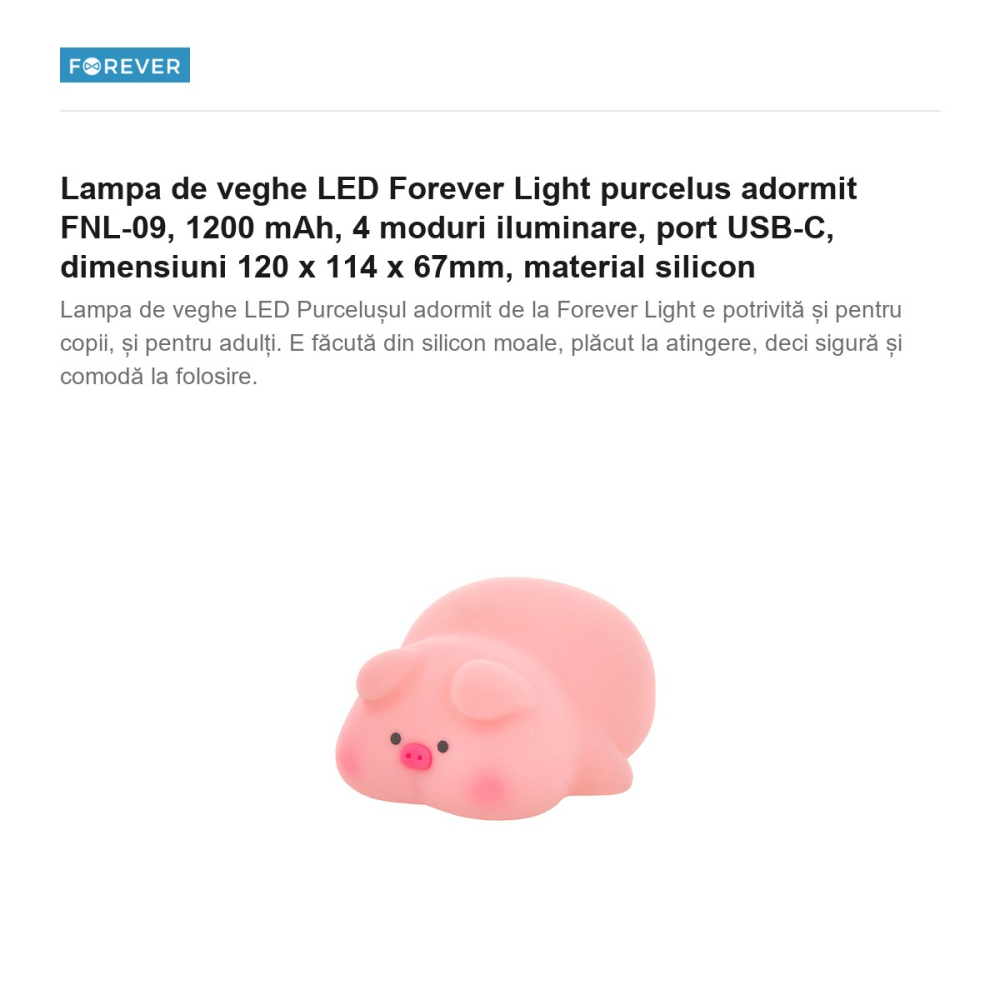 Lampa de veghe LED Forever Light purcelus adormit FNL-09, 1200 mAh, 4 moduri iluminare, port USB-C, dimensiuni 120 x 114 x 67mm, material silicon [2]