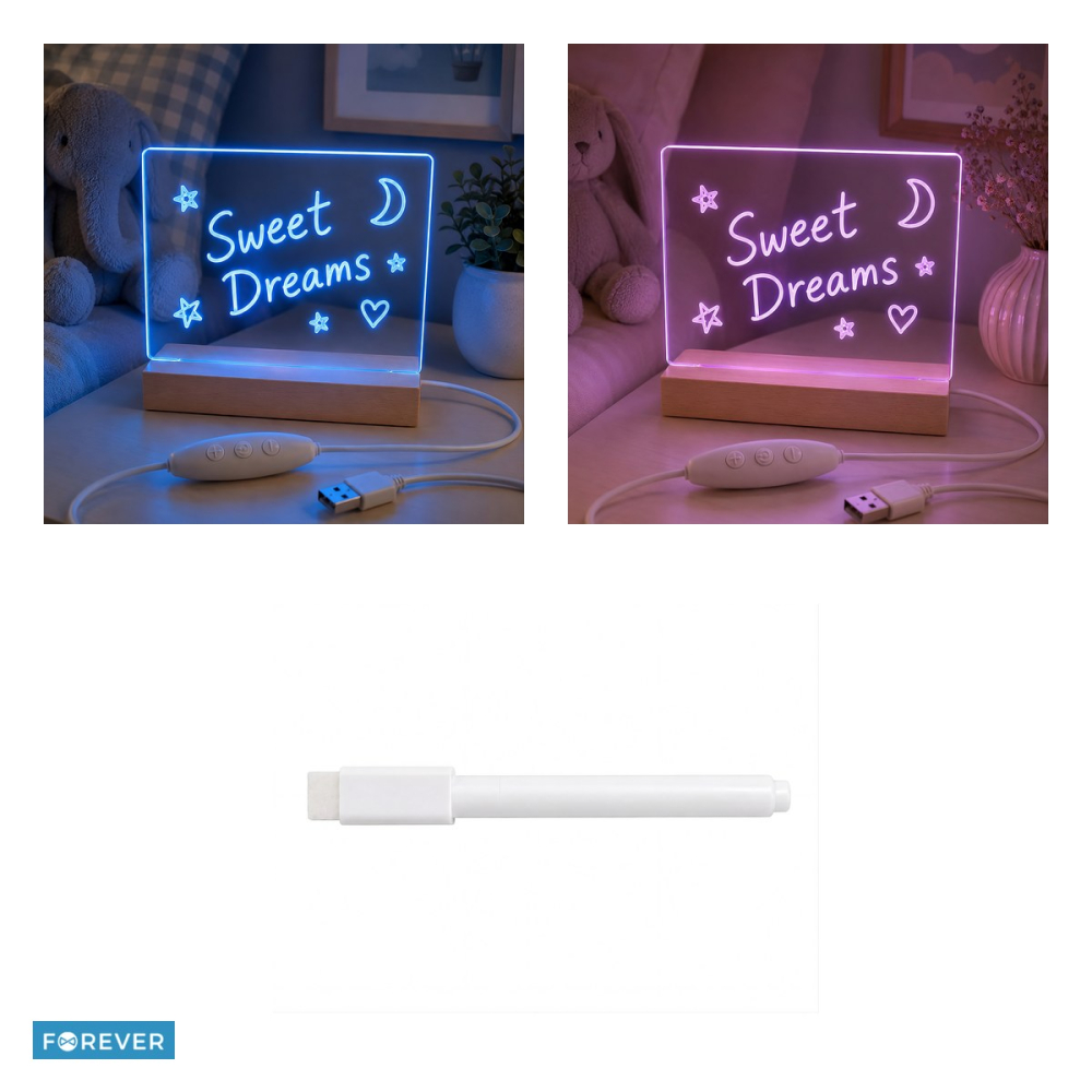 Lampa de veghe LED RGB, Forever Light FNL-18, cu panou acrilic 15 x 15cm pentru mesaje, baza din lemn, marker alb inclus, 7 culori solide si 3 moduri de schimbare a culorii, cablu 150cm cu controller  [4]