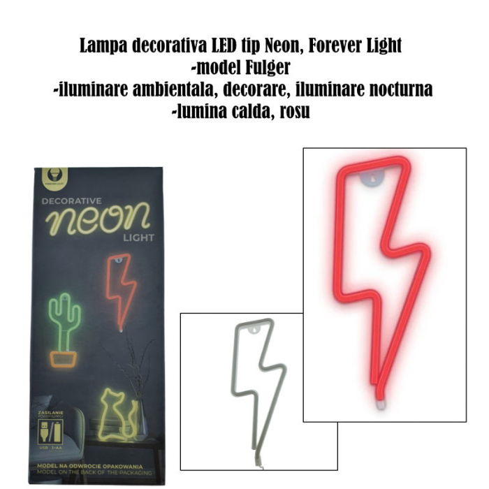 Lampa decorativa LED tip Neon, 34 x 14 cm, model Fulger, Forever Light Thunder 94939, iluminare decorativa, lumina calda, rosu [7]