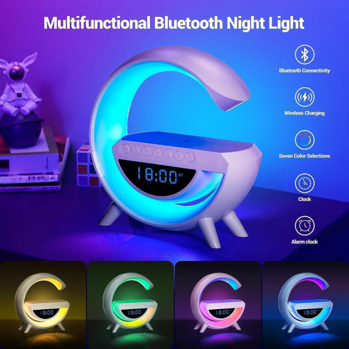 Lampa decorativa multifunctionala cu incarcare wireless si ceas cu alarma, boxa bluetooth v.5.0, radio FM, player USB si TF, alba [3]