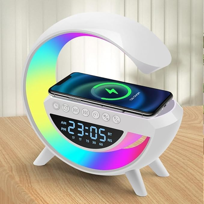 Lampa decorativa multifunctionala cu incarcare wireless si ceas cu alarma, boxa bluetooth v.5.0, radio FM, player USB si TF, alba [2]