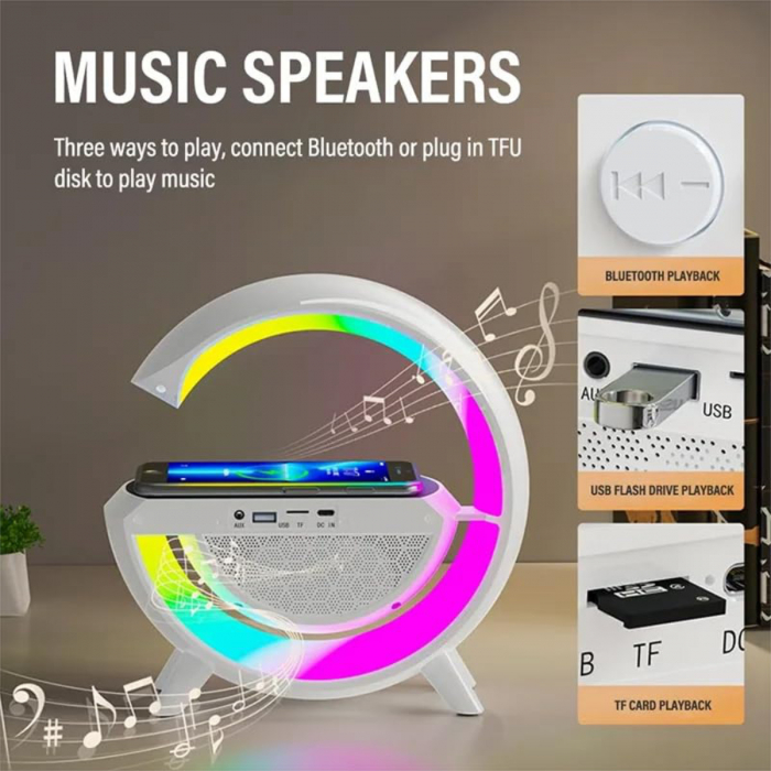 Lampa decorativa multifunctionala cu incarcare wireless si ceas cu alarma, boxa bluetooth v.5.0, radio FM, player USB si TF, alba [4]