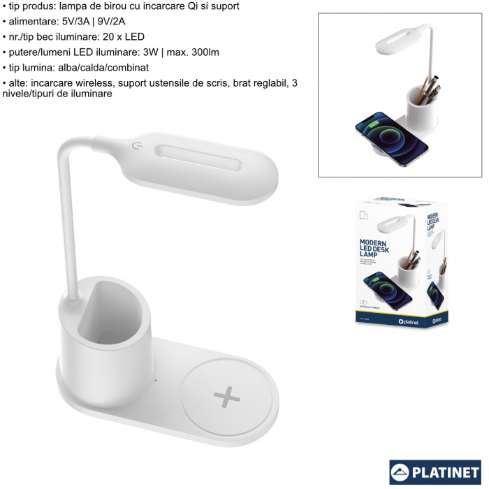 Lampa Led 3W de birou, Platinet 45247, cu incarcator Qi wireless 5W, brat reglabil si organizator, 3 nivele de iluminare, USB tip C, alba [7]