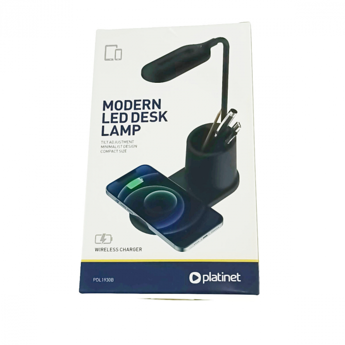 Lampa Led 3W de birou, Platinet 45248, cu incarcator Qi wireless 5W, brat reglabil si organizator, 3 nivele de iluminare, USB tip C, neagra [6]