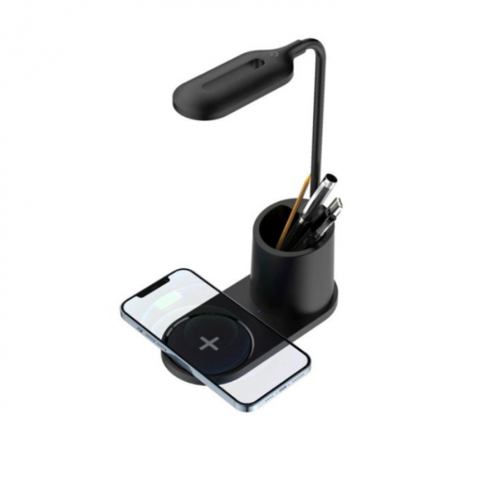 Lampa Led 3W de birou, Platinet 45248, cu incarcator Qi wireless 5W, brat reglabil si organizator, 3 nivele de iluminare, USB tip C, neagra [8]