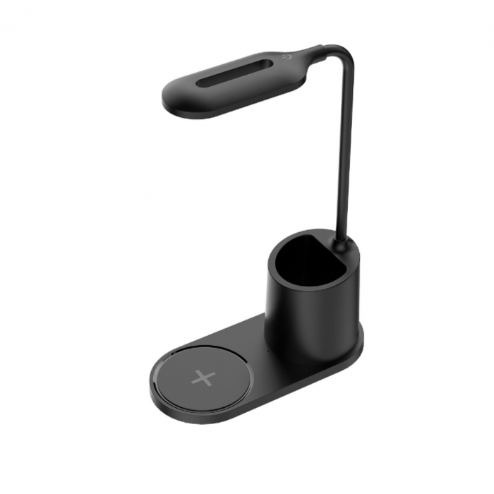 Lampa Led 3W de birou, Platinet 45248, cu incarcator Qi wireless 5W, brat reglabil si organizator, 3 nivele de iluminare, USB tip C, neagra [2]