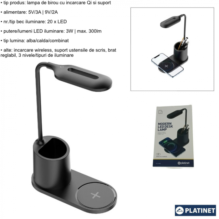 Lampa Led 3W de birou, Platinet 45248, cu incarcator Qi wireless 5W, brat reglabil si organizator, 3 nivele de iluminare, USB tip C, neagra [7]