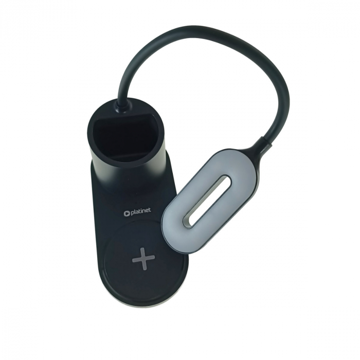 Lampa Led 3W de birou, Platinet 45248, cu incarcator Qi wireless 5W, brat reglabil si organizator, 3 nivele de iluminare, USB tip C, neagra [4]