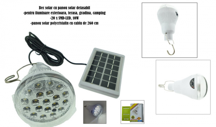 Lampa LED cu panou solar detasabil, GR-020, carlig de prindere, lungime cablu 2.6m, buton control, alb [7]