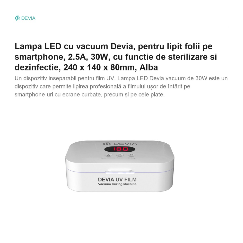 Lampa LED cu vacuum Devia, pentru lipit folii pe smartphone, 2.5A, 30W, cu functie de sterilizare si dezinfectie, 240 x 140 x 80mm, Alba [2]