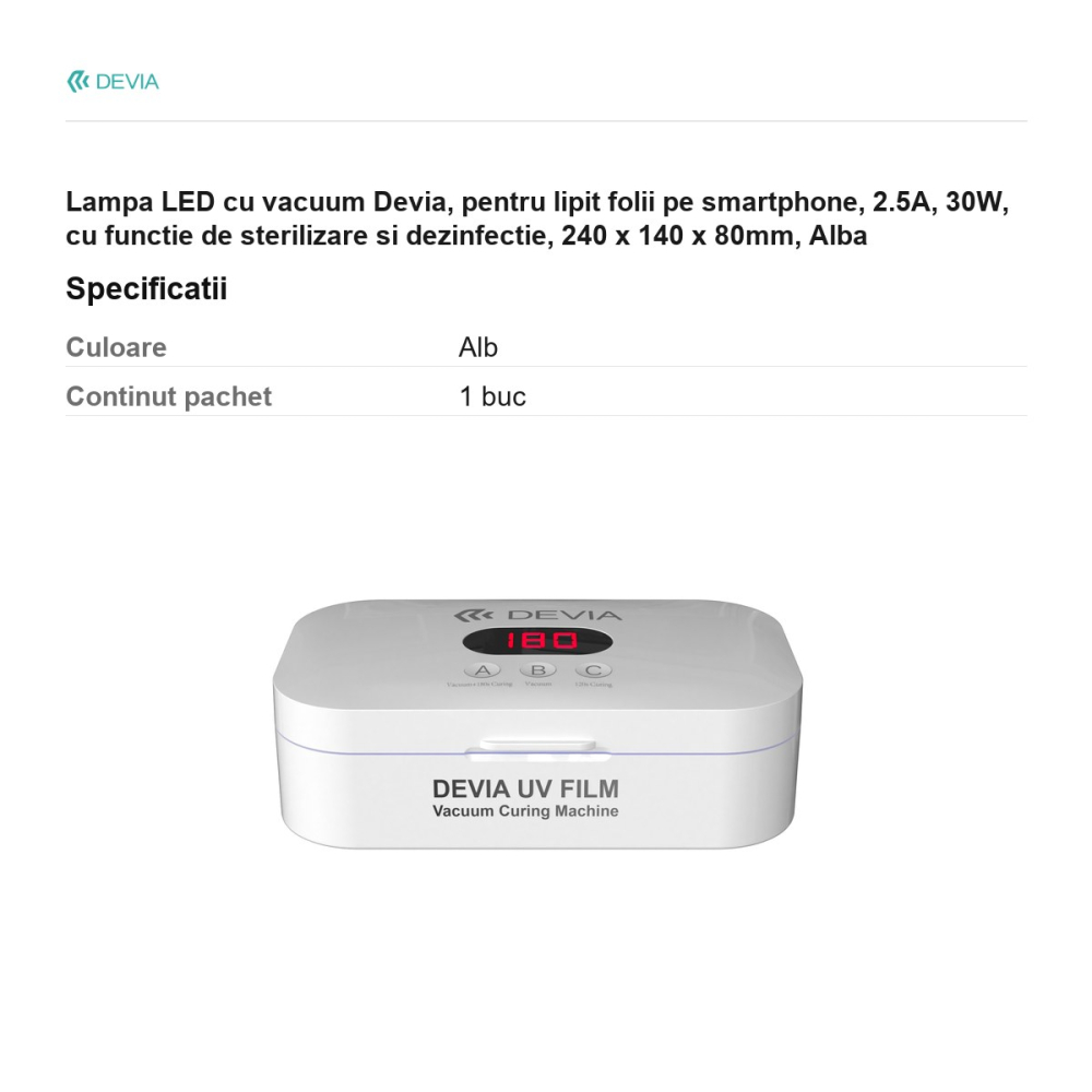 Lampa LED cu vacuum Devia, pentru lipit folii pe smartphone, 2.5A, 30W, cu functie de sterilizare si dezinfectie, 240 x 140 x 80mm, Alba [3]