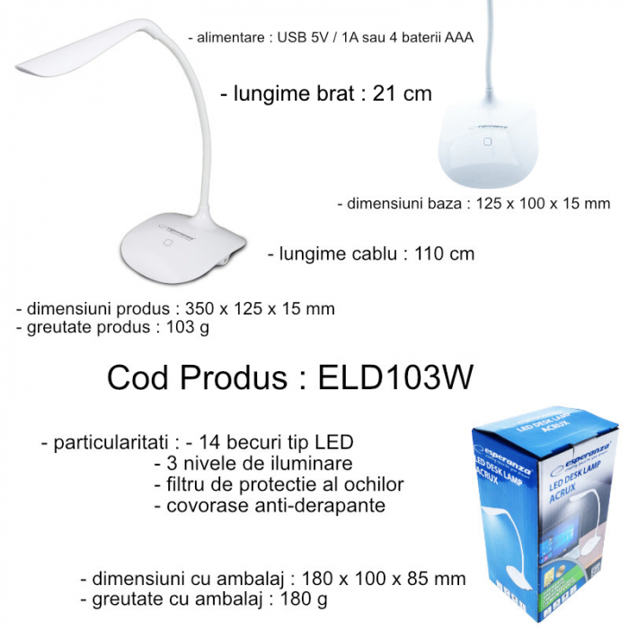 Lampa LED, Esperanza Acrux ELD103W, brat flexibil 21 cm, alimentare duala, cablu 110 cm, 4 x AAA, alba [6]