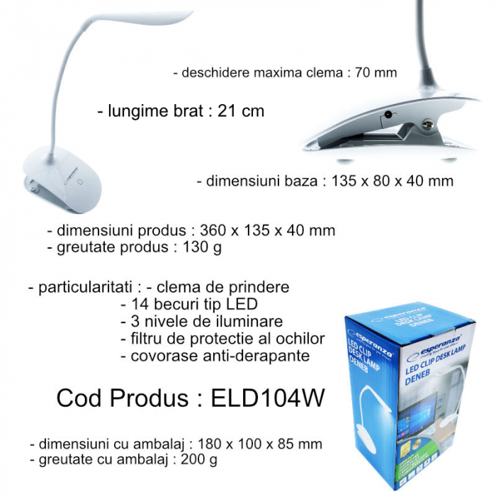 Lampa LED, Esperanza Deneb ELD104W, cu clema de prindere, brat flexibil 21 cm, cablu 110 cm, alba [6]