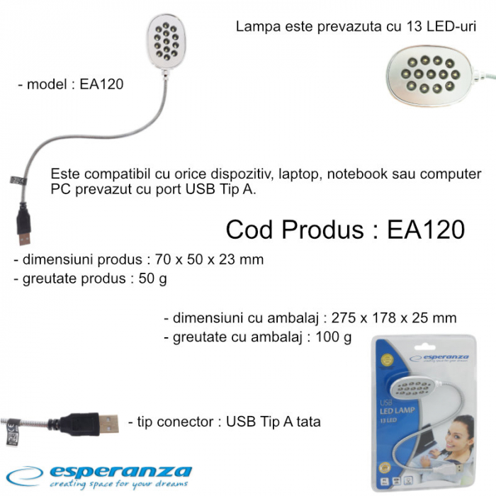 Lampa LED Esperanza EA120, brat flexibil 20 cm, conector USB Tip A, argintie cu negru [6]