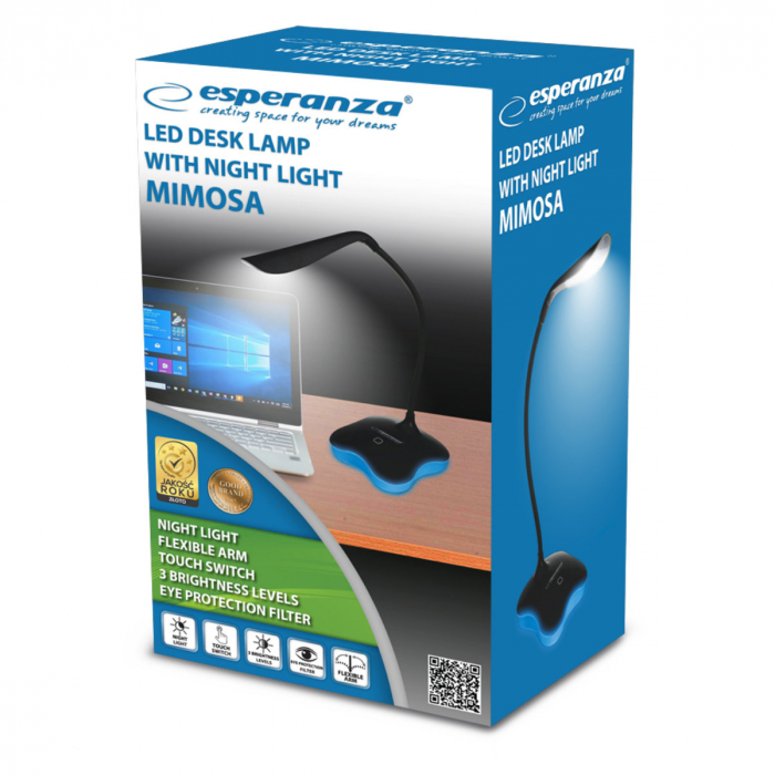 Lampa LED, Esperanza Mimosa ELD105K, cu baza iluminata, brat flexibil 21 cm, alimentare duala, cablu 110 cm, 4 x AAA, neagra [5]
