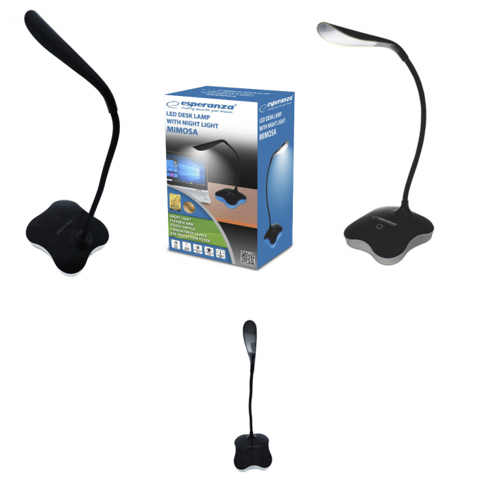 Lampa LED, Esperanza Mimosa ELD105K, cu baza iluminata, brat flexibil 21 cm, alimentare duala, cablu 110 cm, 4 x AAA, neagra [4]
