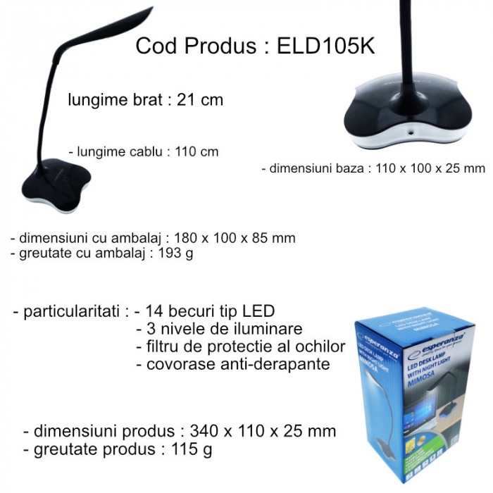 Lampa LED, Esperanza Mimosa ELD105K, cu baza iluminata, brat flexibil 21 cm, alimentare duala, cablu 110 cm, 4 x AAA, neagra [6]