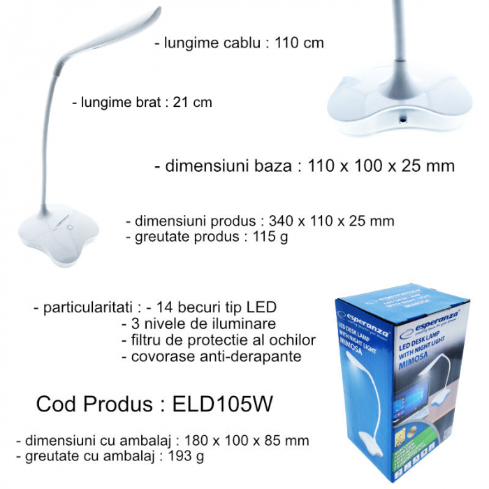 Lampa LED, Esperanza Mimosa ELD105W, cu baza iluminata, brat flexibil 21 cm, alimentare duala, cablu 110 cm, 4 x AAA, alba [6]
