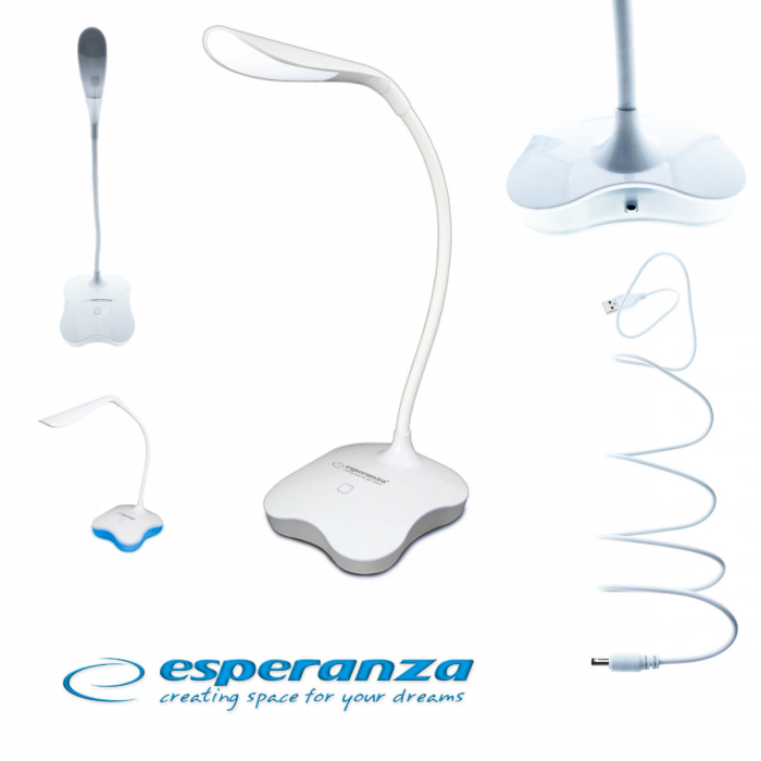 Lampa LED, Esperanza Mimosa ELD105W, cu baza iluminata, brat flexibil 21 cm, alimentare duala, cablu 110 cm, 4 x AAA, alba [4]