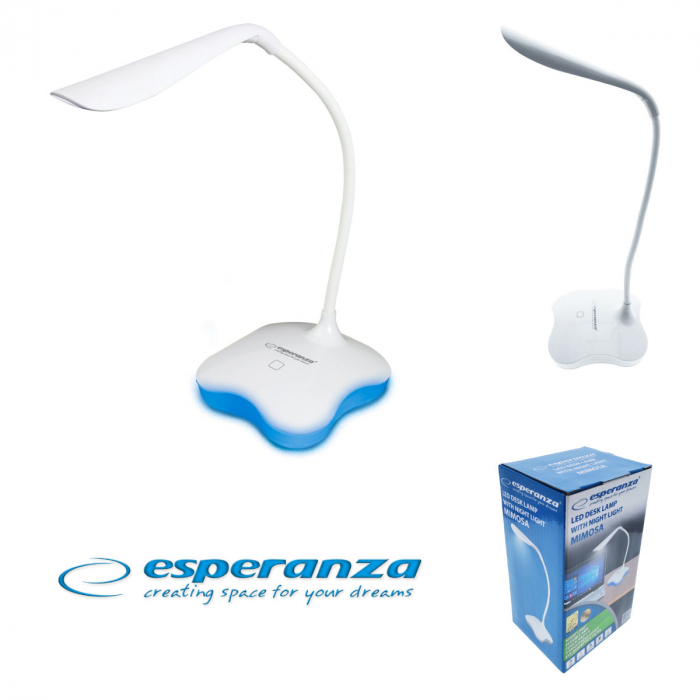 Lampa LED, Esperanza Mimosa ELD105W, cu baza iluminata, brat flexibil 21 cm, alimentare duala, cablu 110 cm, 4 x AAA, alba [3]