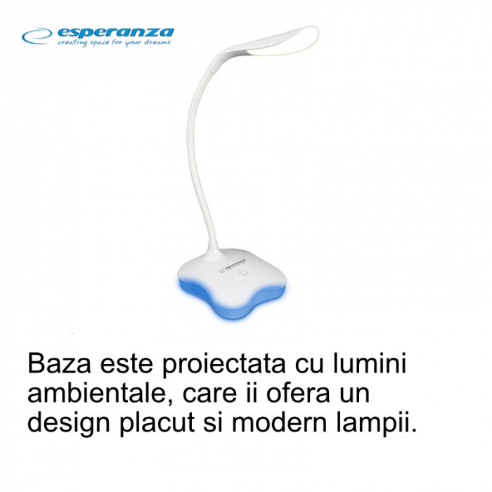 Lampa LED, Esperanza Mimosa ELD105W, cu baza iluminata, brat flexibil 21 cm, alimentare duala, cablu 110 cm, 4 x AAA, alba [7]