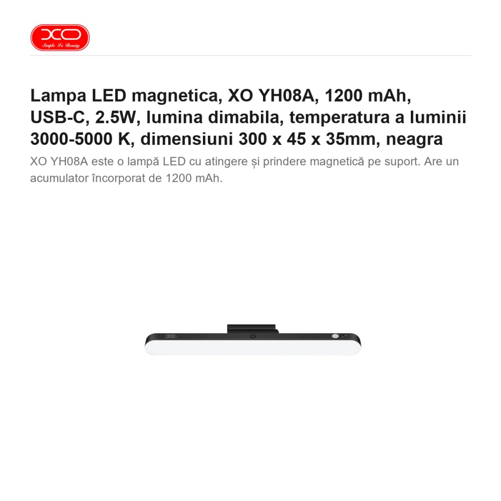 Lampa LED magnetica, XO YH08A, 1200 mAh, USB-C, 2.5W, lumina dimabila, temperatura a luminii 3000-5000 K, dimensiuni 300 x 45 x 35mm, neagra [2]
