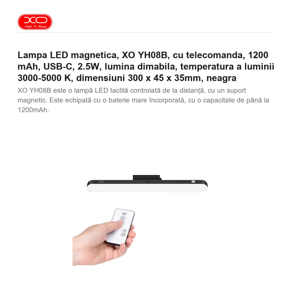 Lampa LED magnetica, XO YH08B, cu telecomanda, 1200 mAh, USB-C, 2.5W, lumina dimabila, temperatura a luminii 3000-5000 K, dimensiuni 300 x 45 x 35mm, neagra [2]