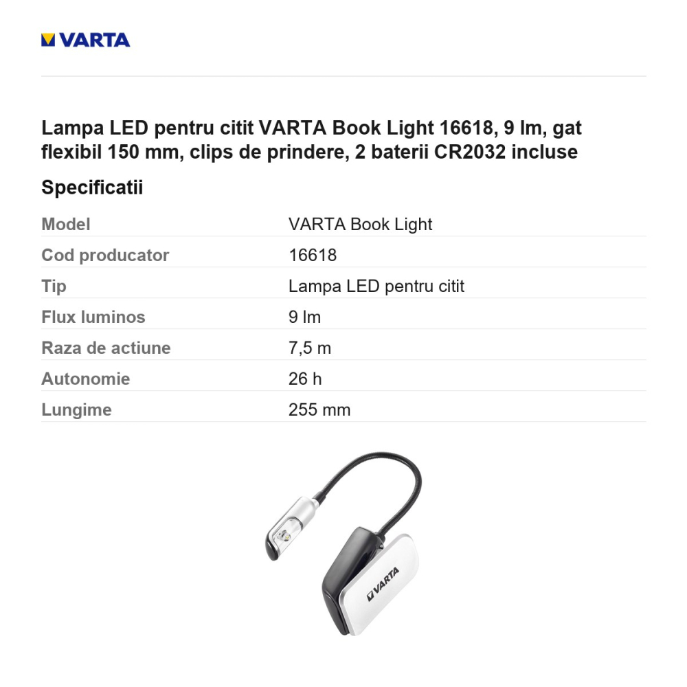 Lampa LED pentru citit VARTA Book Light 16618, 9 lm, gat flexibil 150 mm, clips de prindere, 2 baterii CR2032 incluse [3]