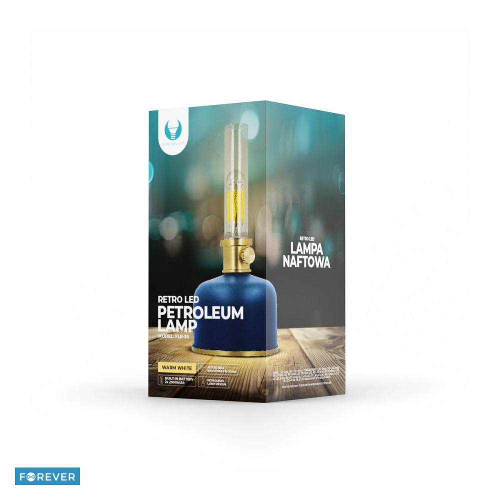 Lampa LED Retro tip felinar pe petrol, albastra, FLR-25 Forever Light, cu acumulator Li-Ion 4000 mAh, cablu USB-C 30cm, lumina alba calda 3000K, 2W, dimensiuni 110 x 110 x 220mm [5]
