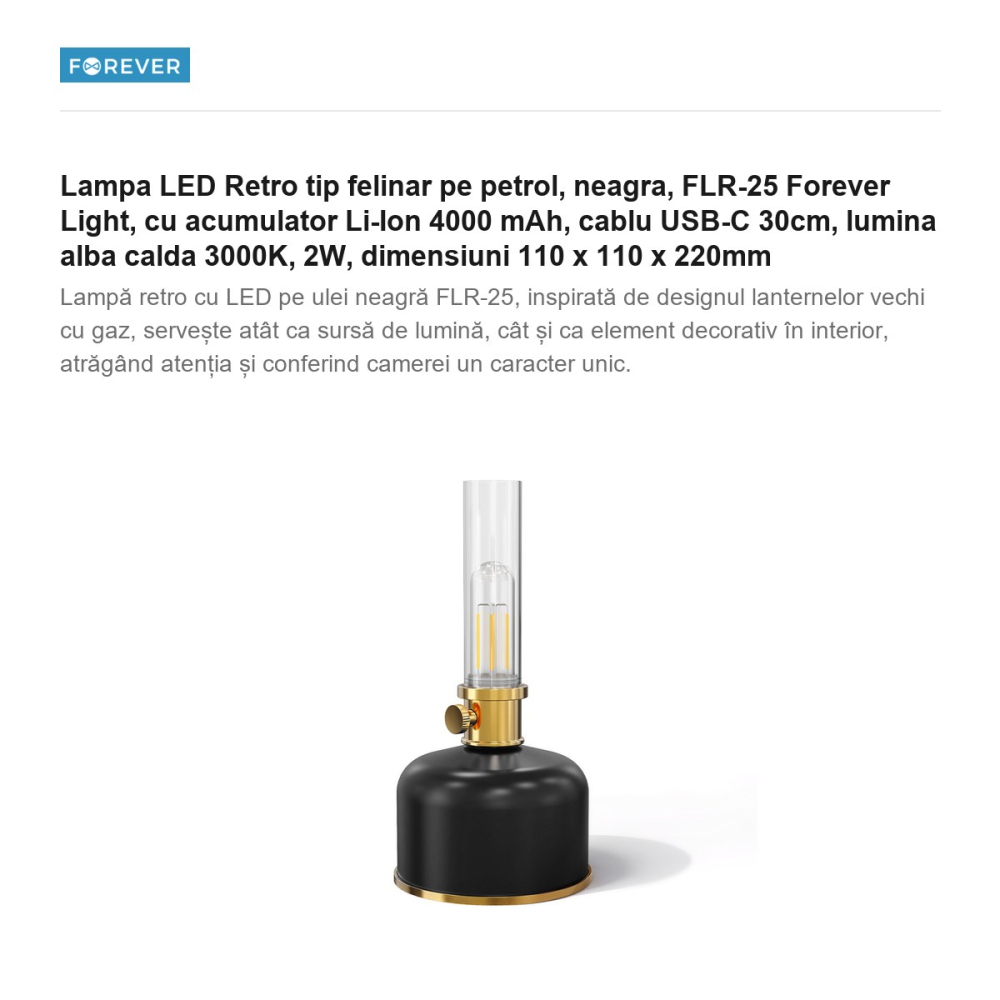 Lampa LED Retro tip felinar pe petrol, neagra, FLR-25 Forever Light, cu acumulator Li-Ion 4000 mAh, cablu USB-C 30cm, lumina alba calda 3000K, 2W, dimensiuni 110 x 110 x 220mm [2]