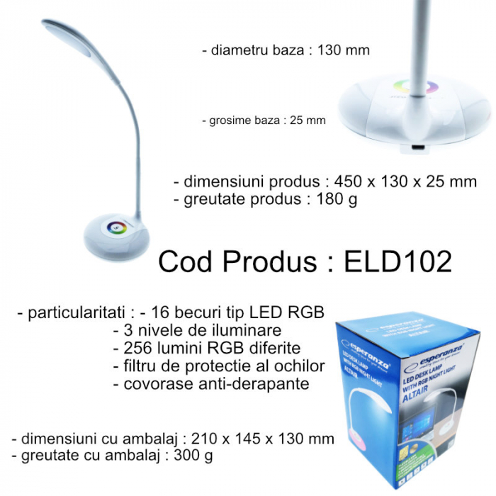 Lampa LED RGB, Esperanza Altair, cu brat flexibil 27 cm, alimentare duala, cablu 110 cm, 4 x AAA, alba [6]